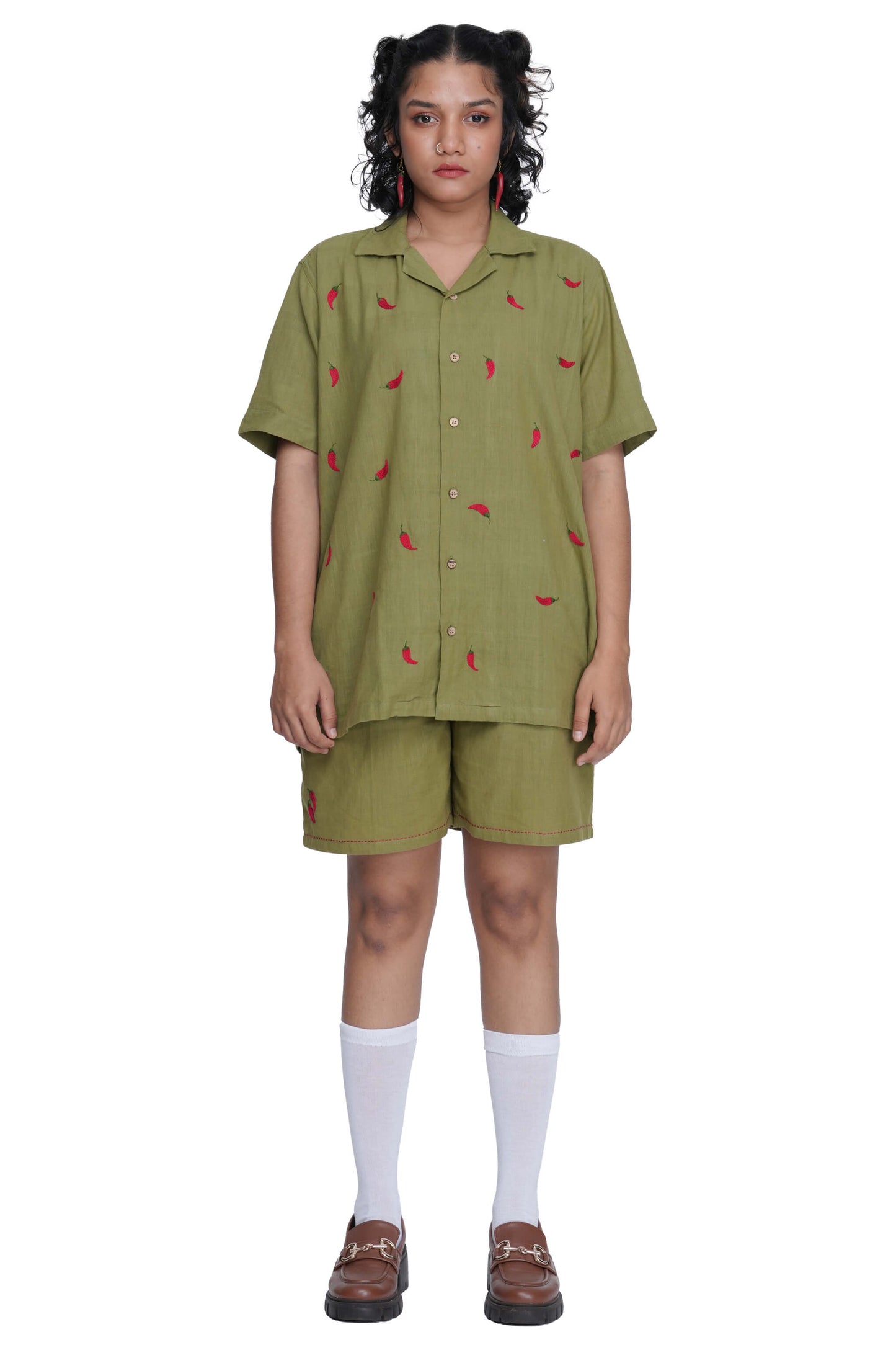 Hand Embroidered Unisex Chilli Green Handloom Cotton Shirt