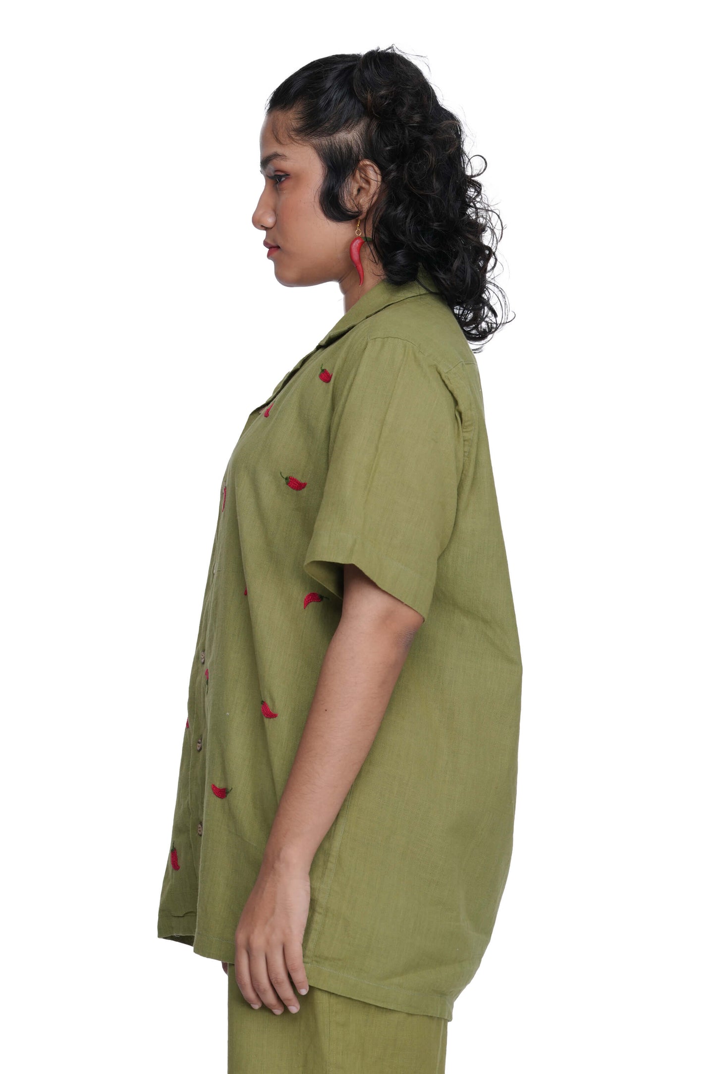 Hand Embroidered Unisex Chilli Green Handloom Cotton Shirt