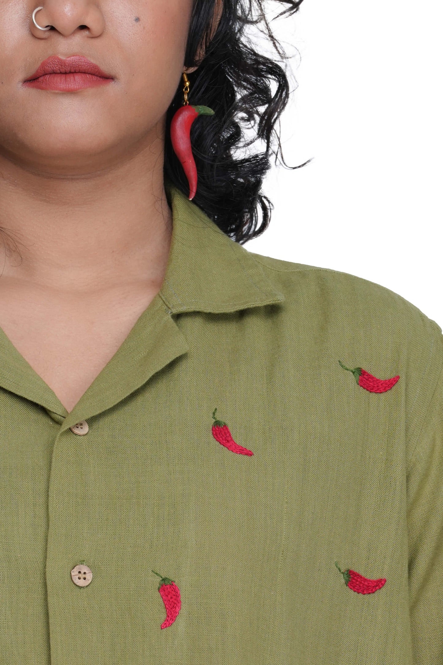 Hand Embroidered Unisex Chilli Green Handloom Cotton Shirt