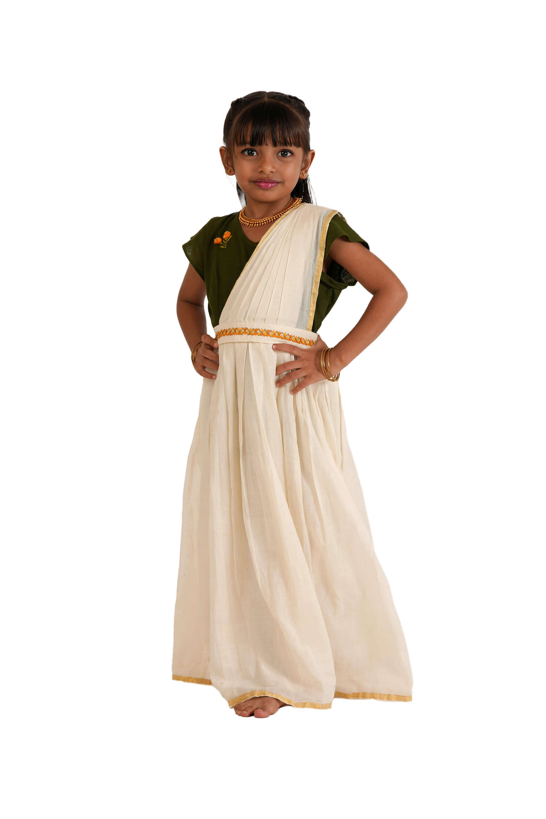 Marigold Hand Embroidered Saree Dress With Pre-pleated Shawl Suee - Sewing Tradition Marigold Hand Embroidered Saree Dress With Pre-pleated Shawl Suee - Sewing Tradition