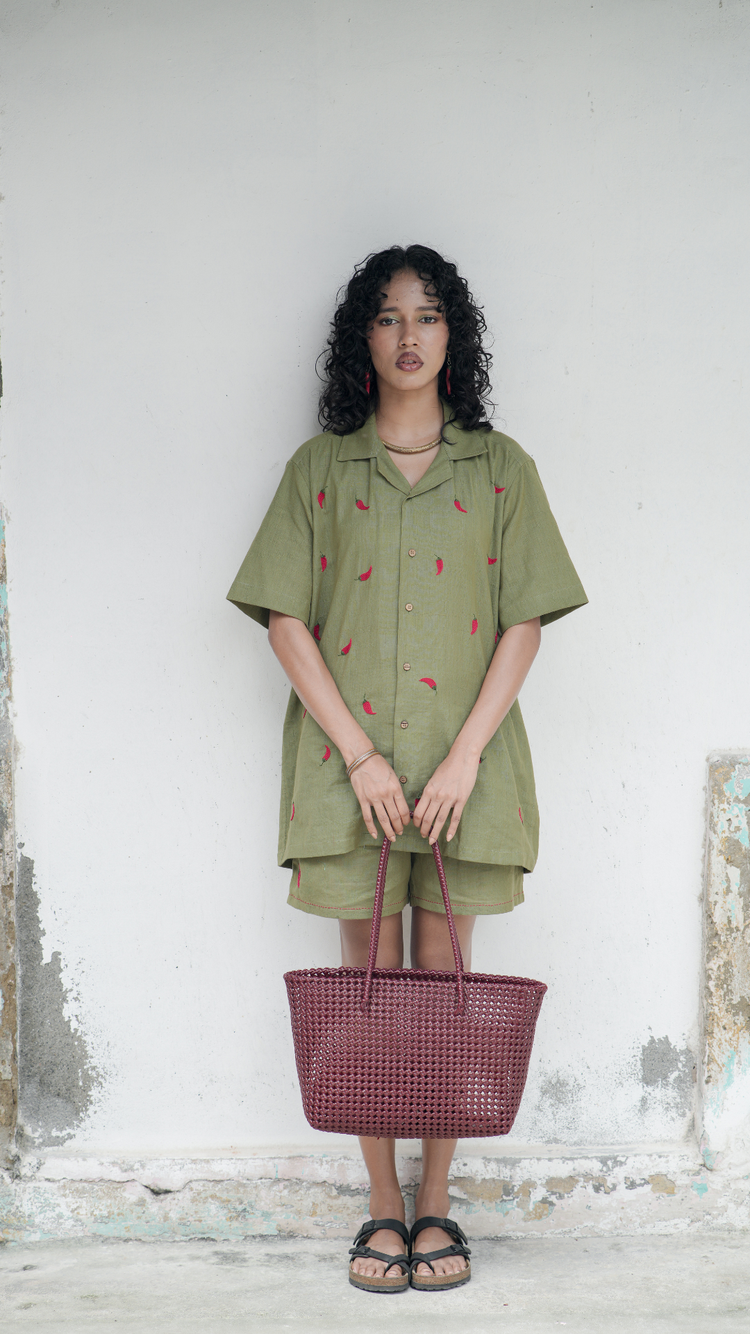 Hand Embroidered Unisex Chilli Green Handloom Cotton Shirt.