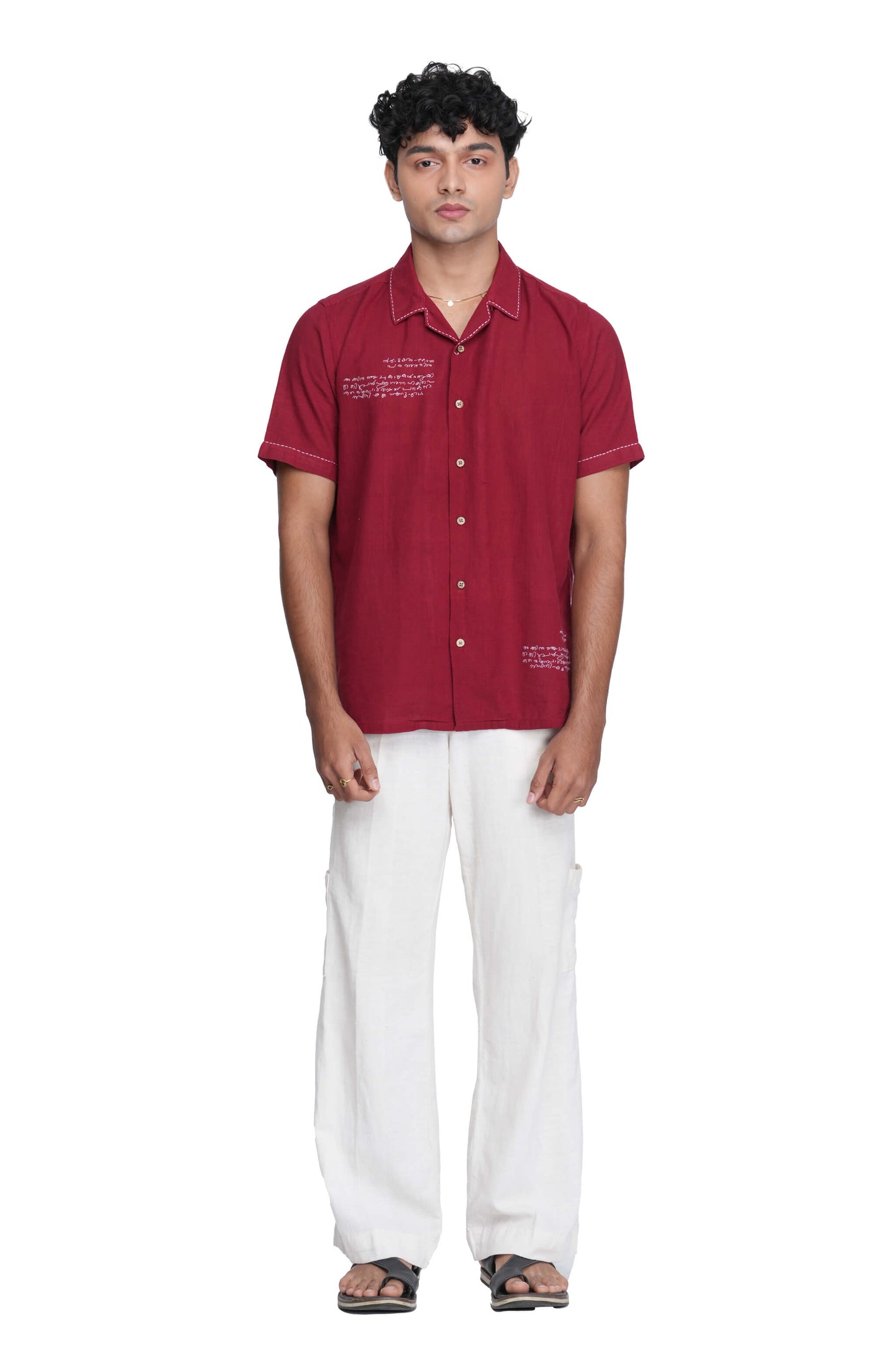 Post Card Hand Embroidered Maroon Shirt