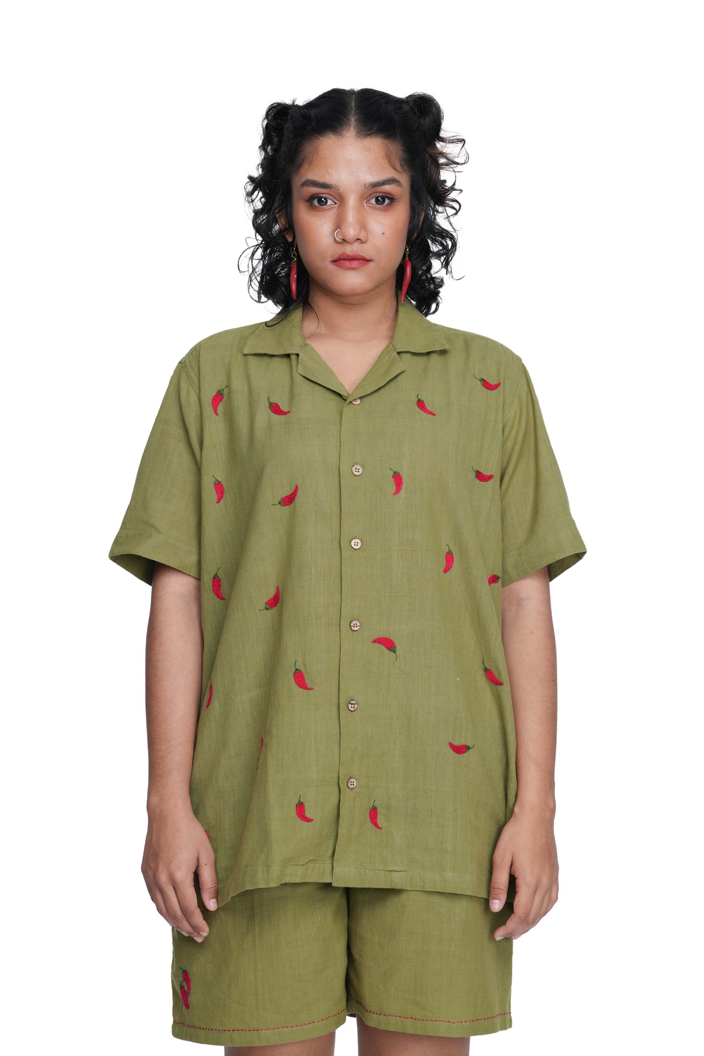 Hand Embroidered Unisex Chilli Green Handloom Cotton Shirt