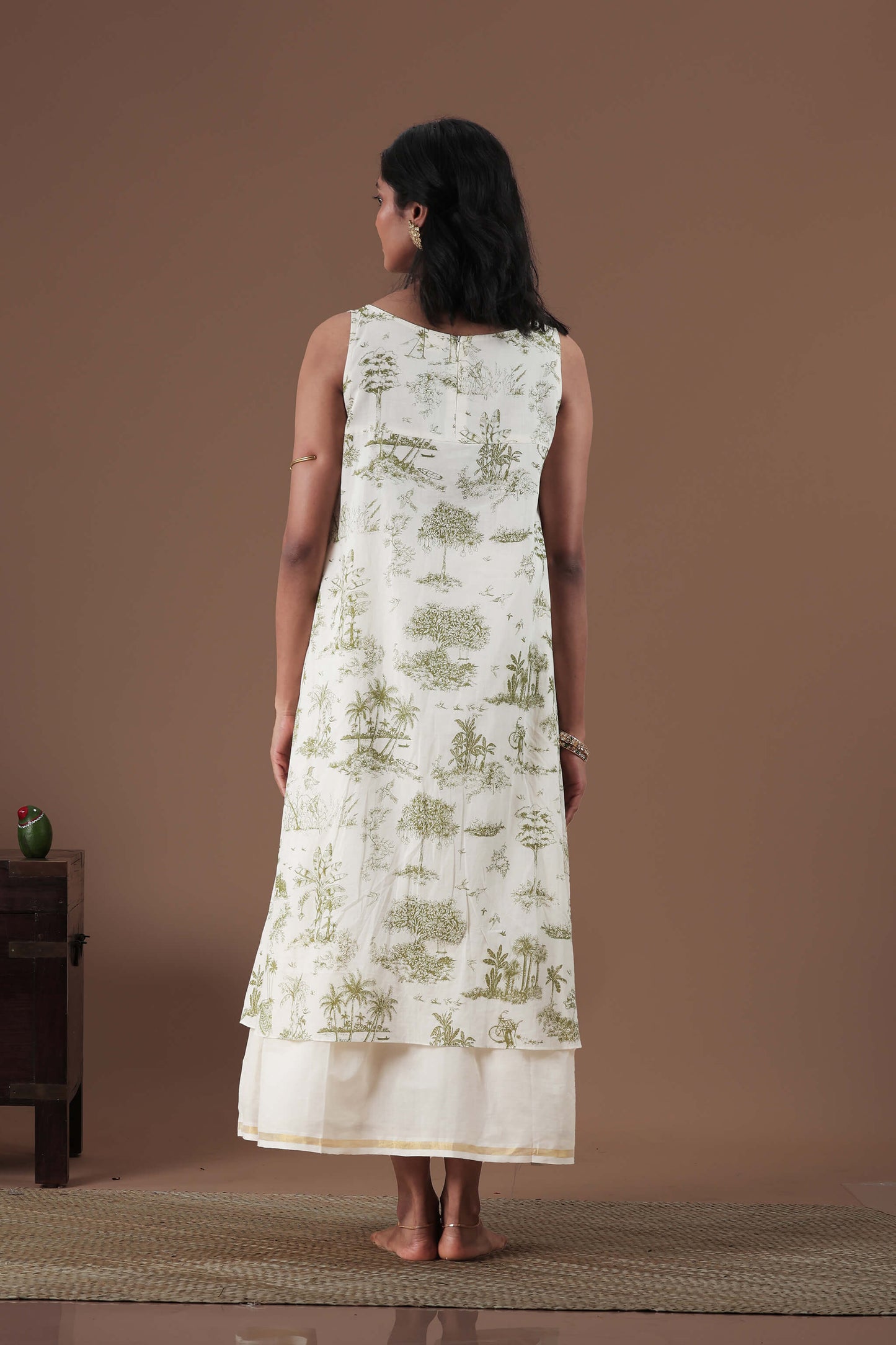 All over screen printed fabric dress