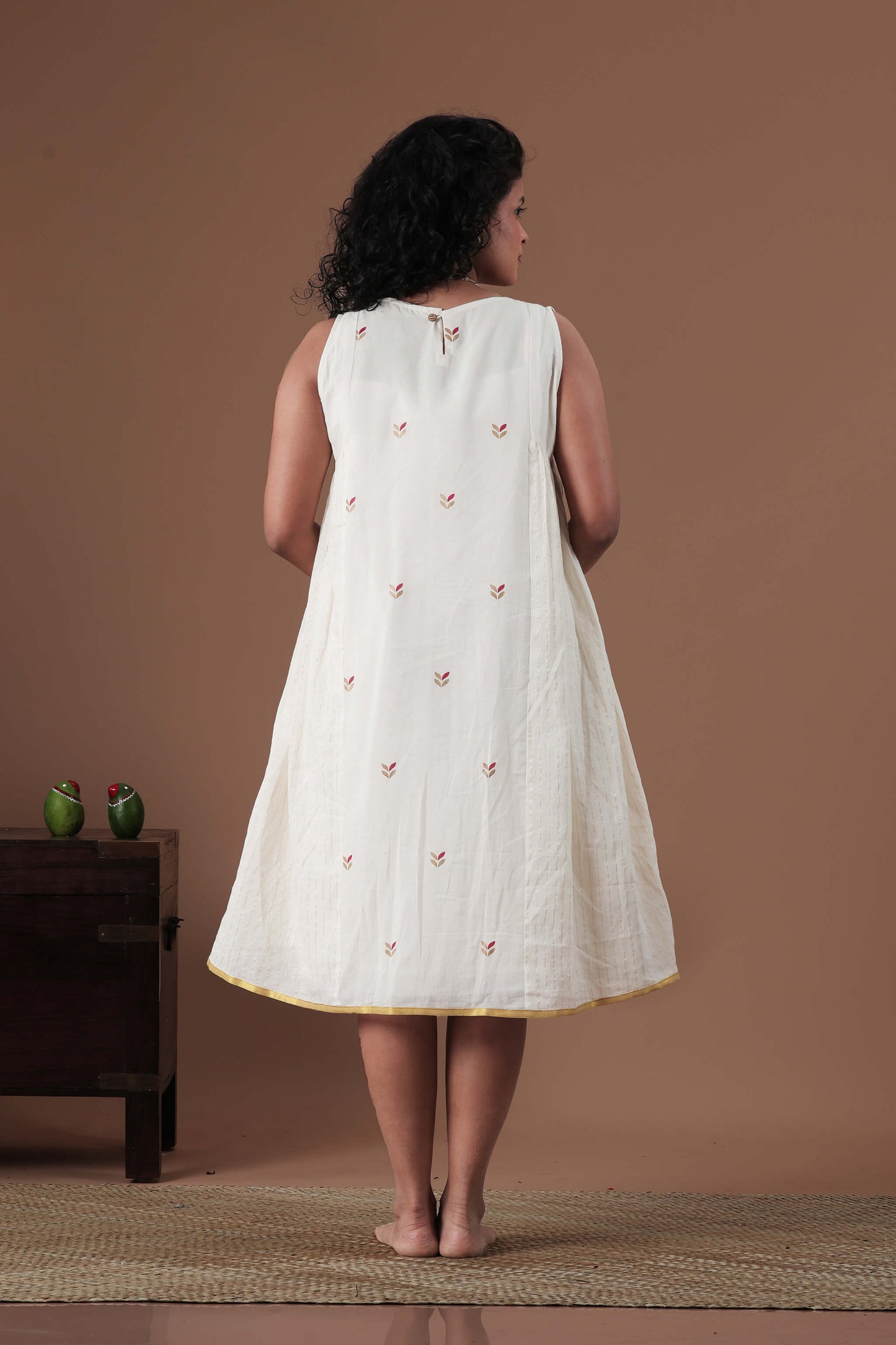 Hand Screen Printed panel and golden zari stripes dress