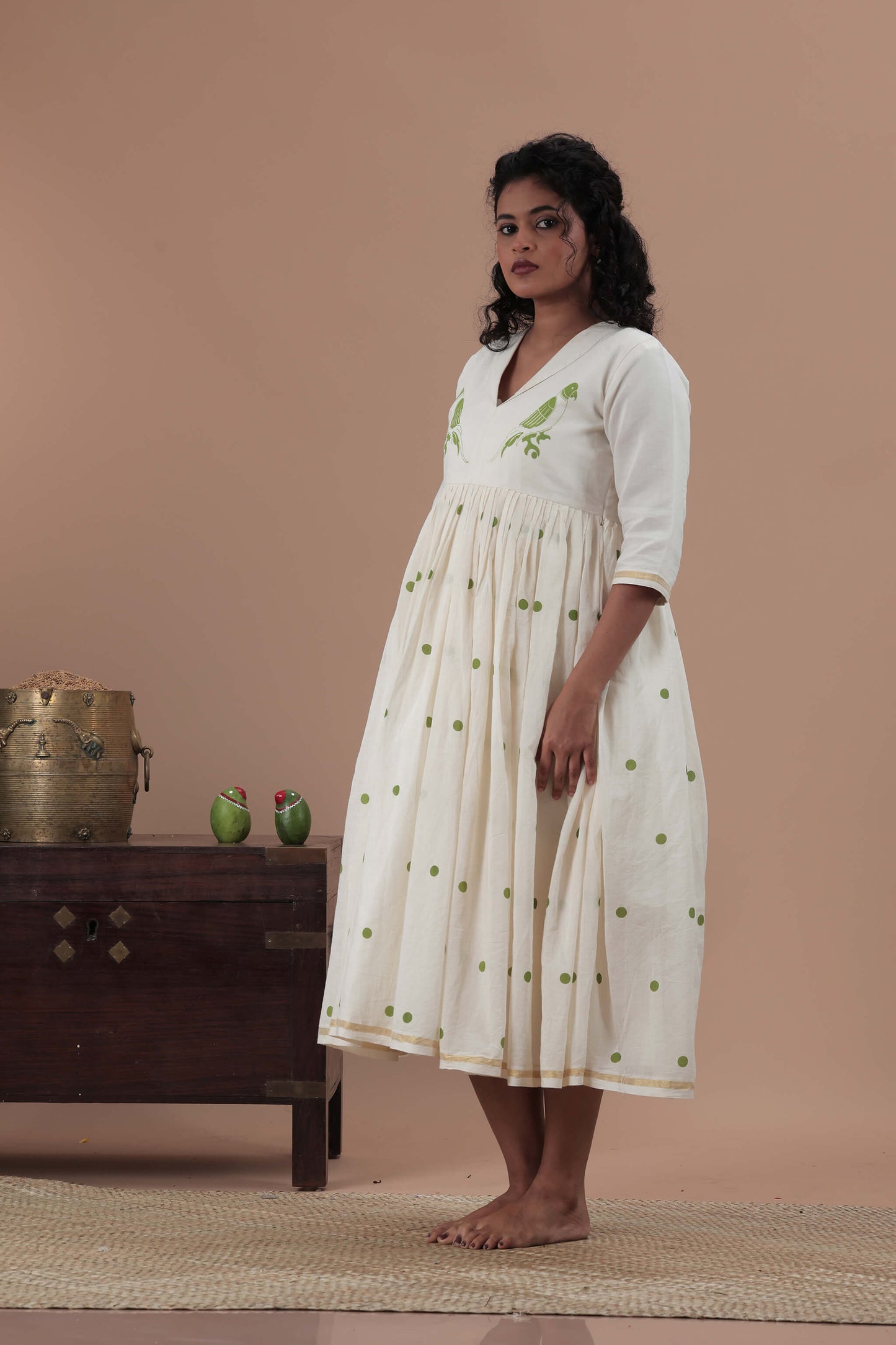 All over polka dots and parrot motif Dress