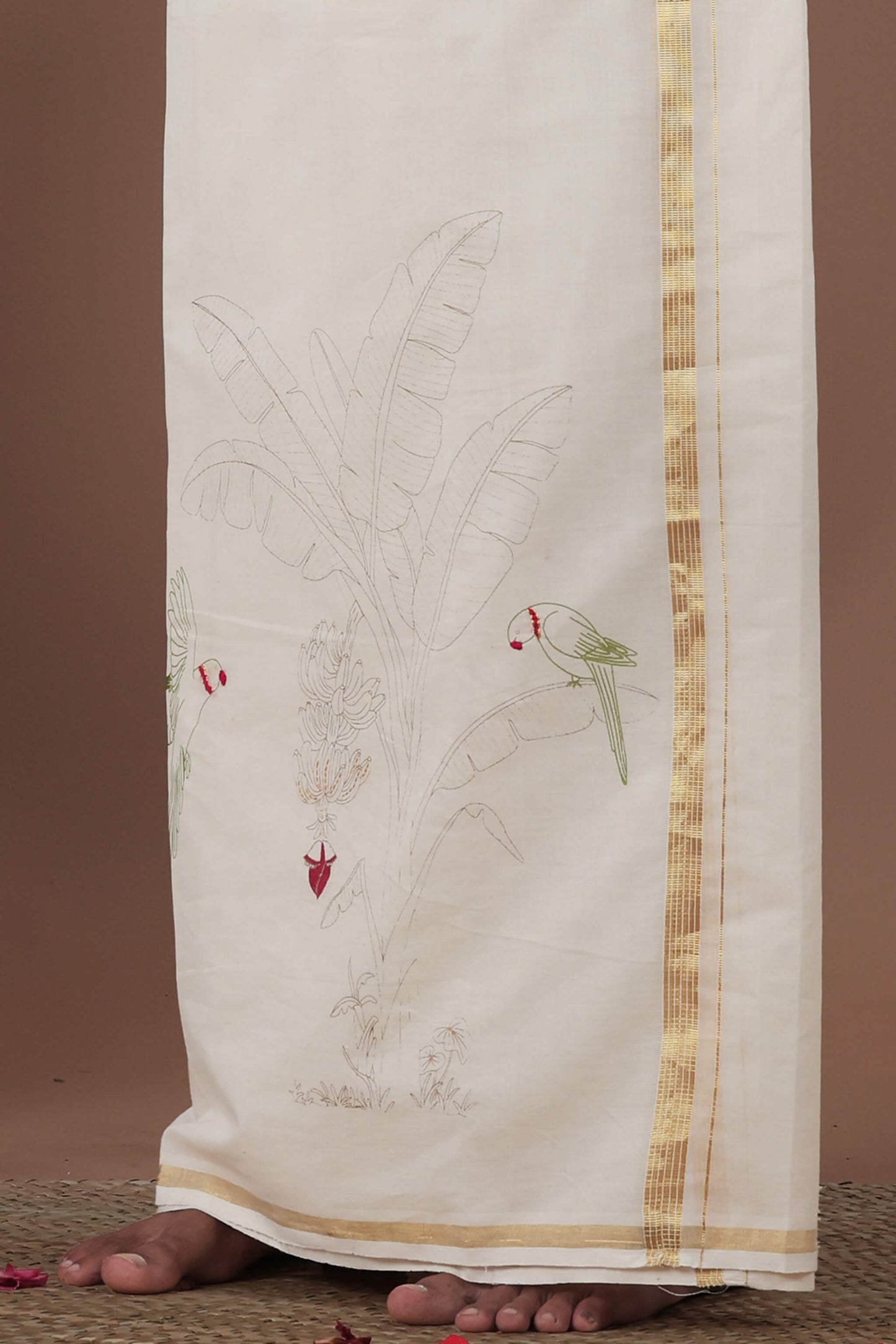 Vaazha Thopu Motif Screen Printed, Hand Embroidered & Hand Painted Mens mundu