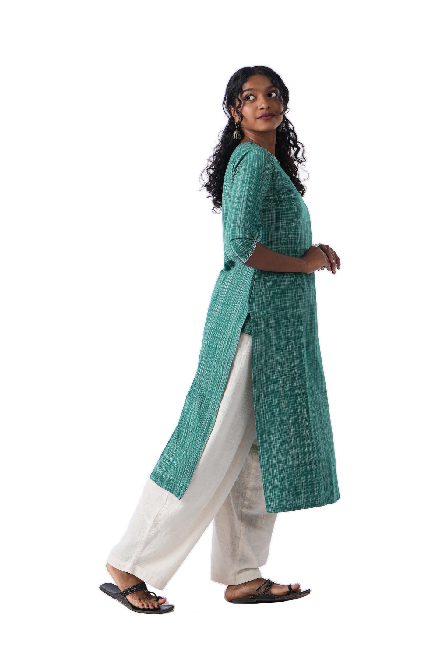 Green Kurta with Buttonhole Embroidery on Neck