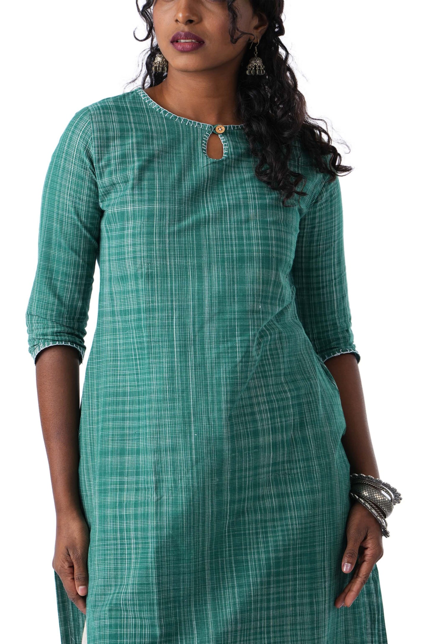 Green Kurta with Buttonhole Embroidery on Neck