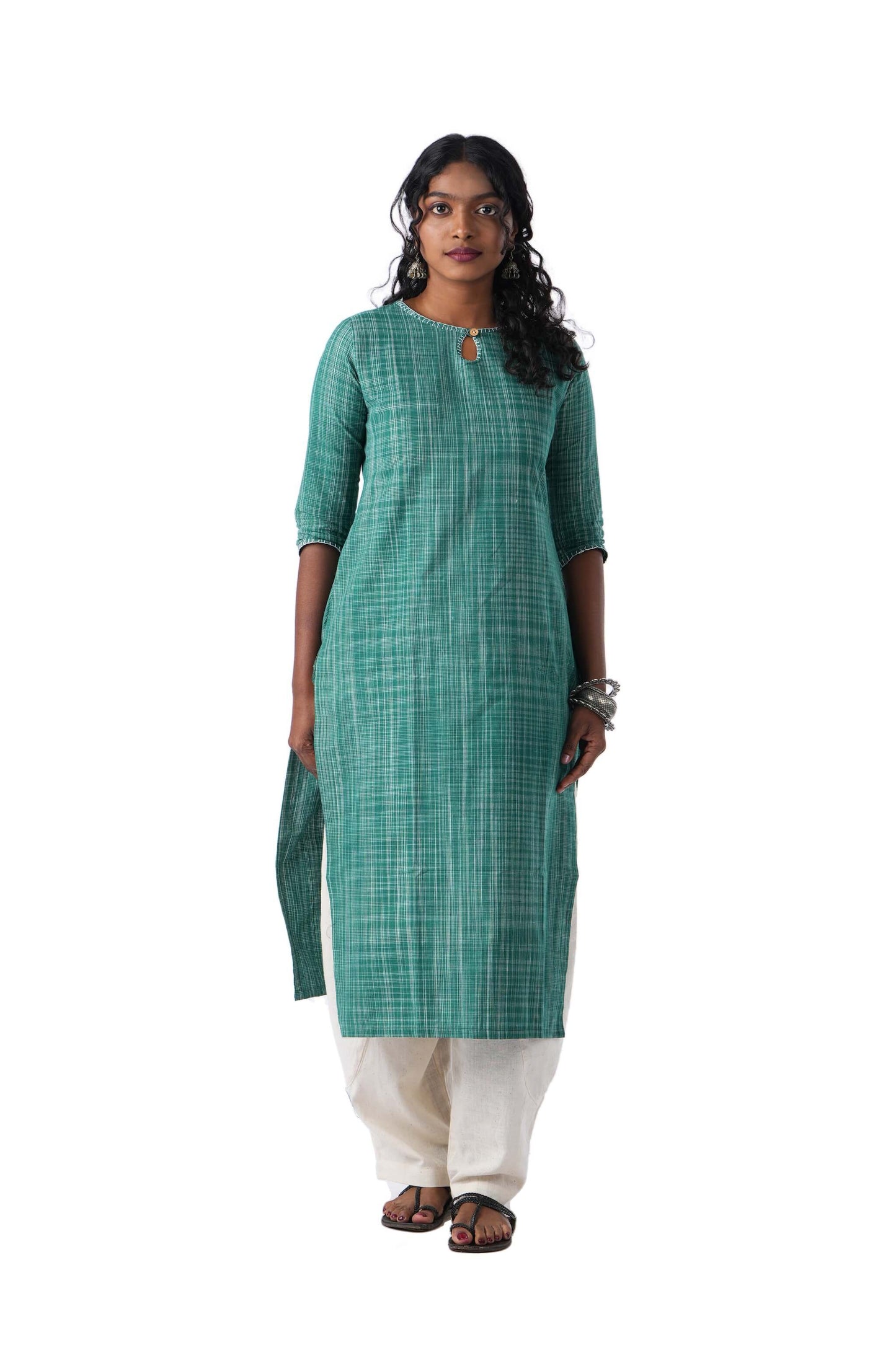 Green Kurta with Buttonhole Embroidery on Neck