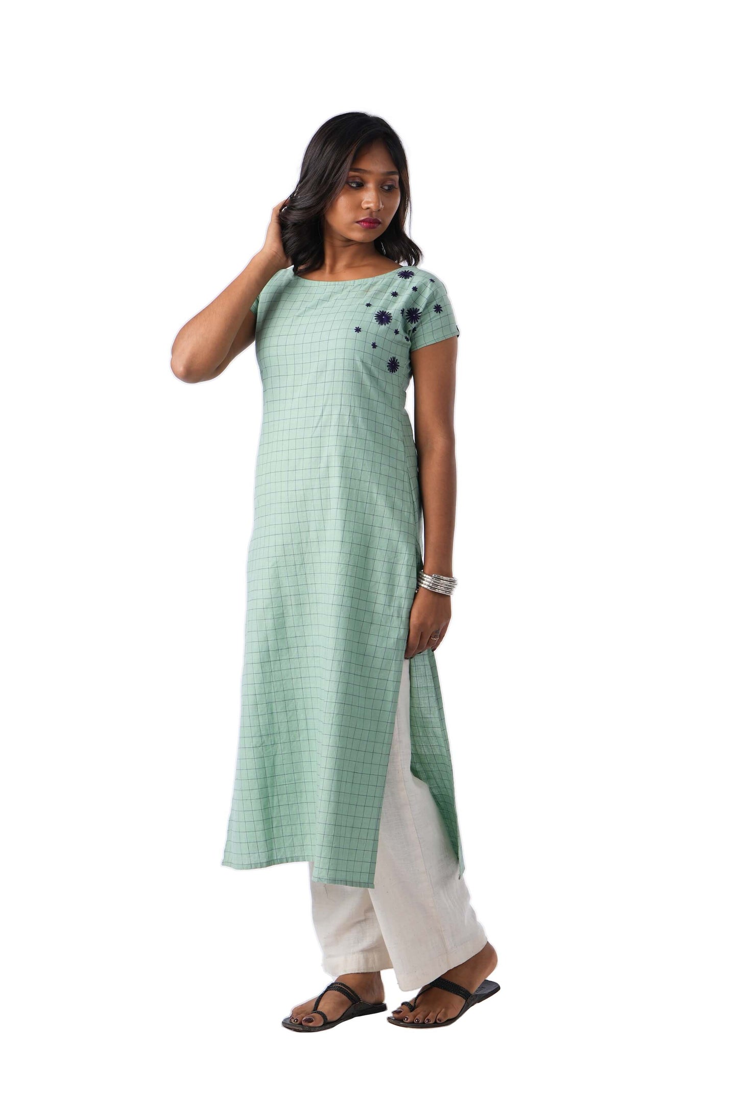 Green Check embroidery kurta