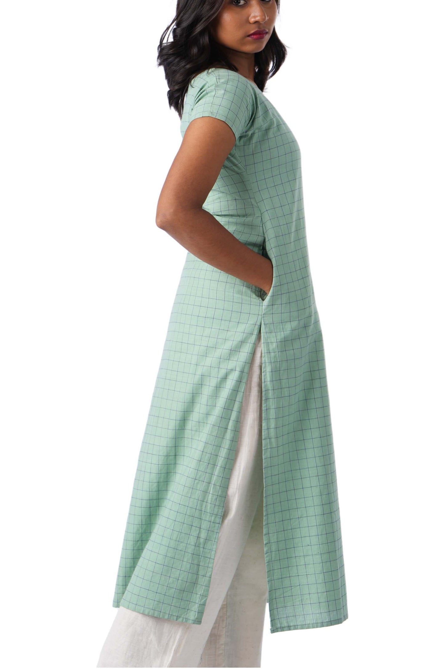 Green Check embroidery kurta