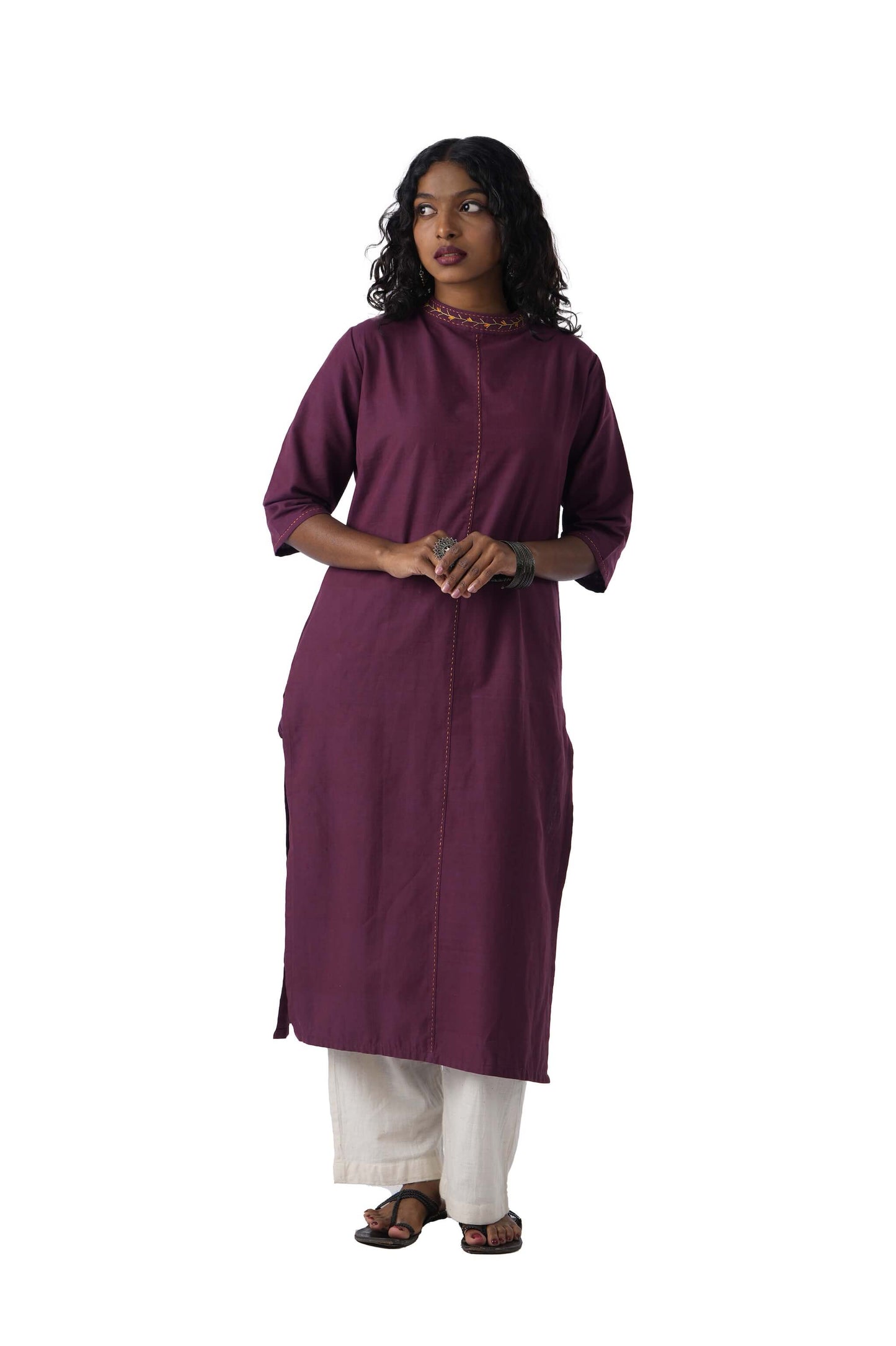 Purple Kurtha with neck embroidery