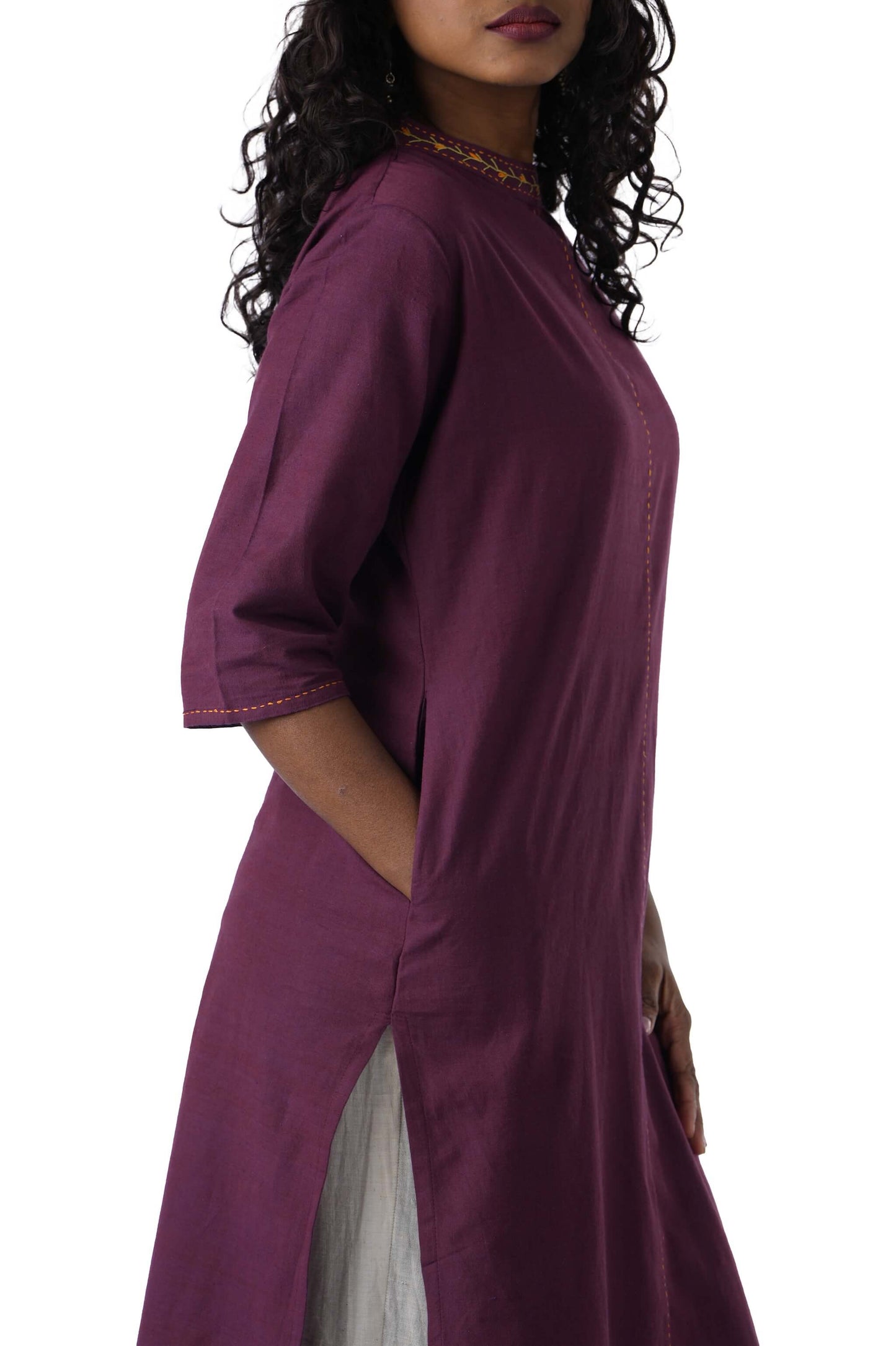 Purple Kurtha with neck embroidery