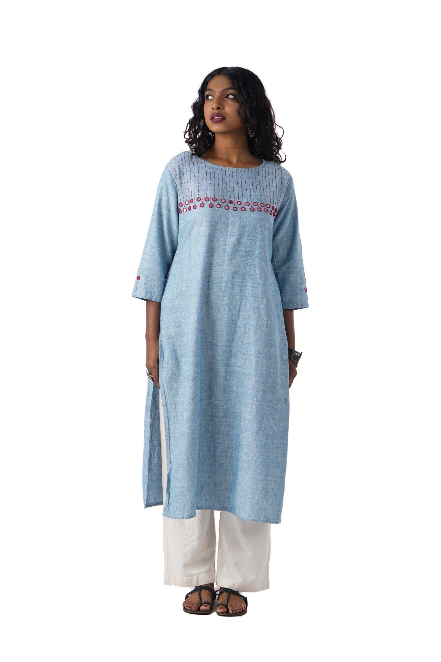 Light Blue Kurta With Pink Mirror Work