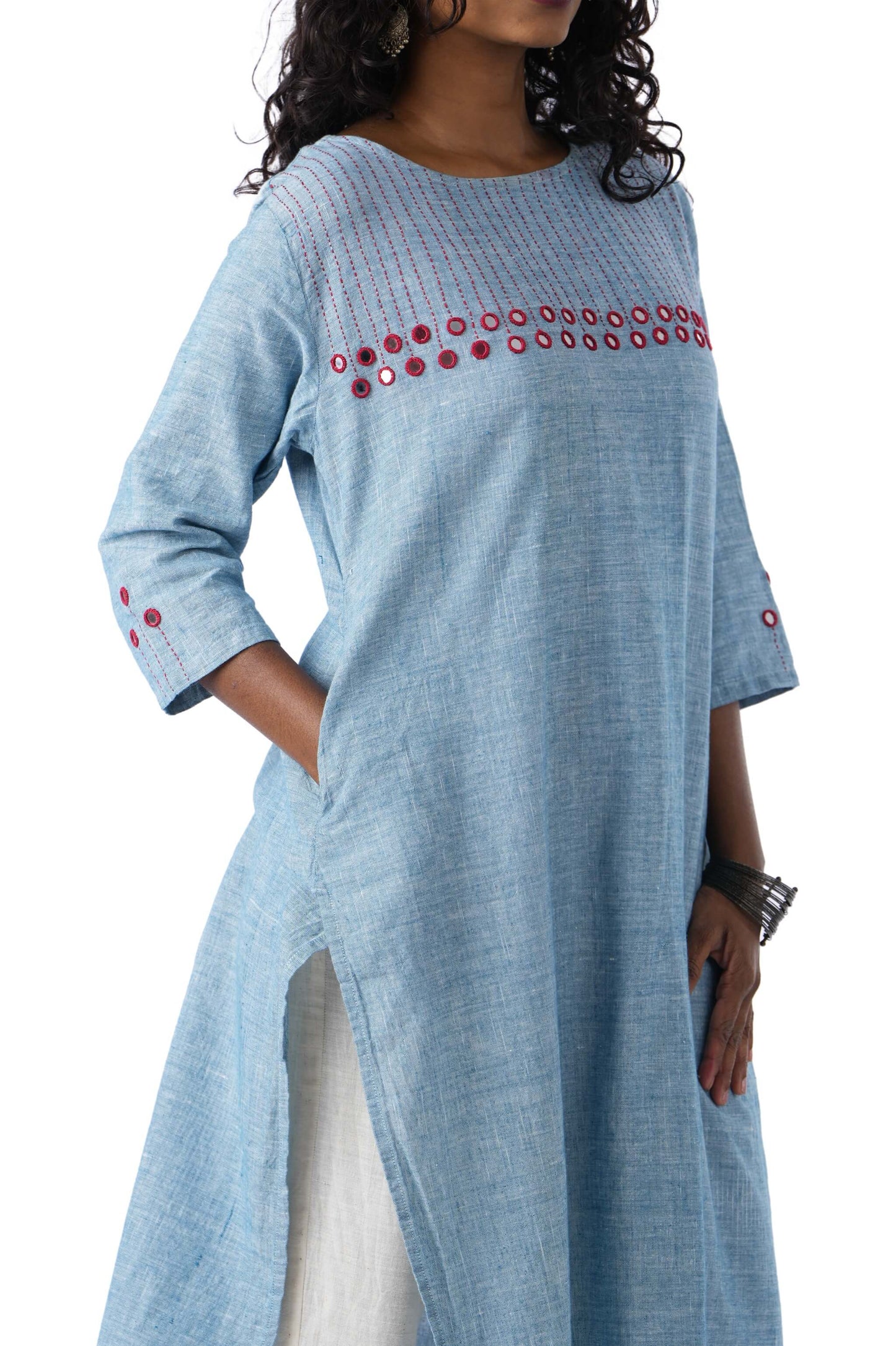 Light Blue Kurta With Pink Mirror Work