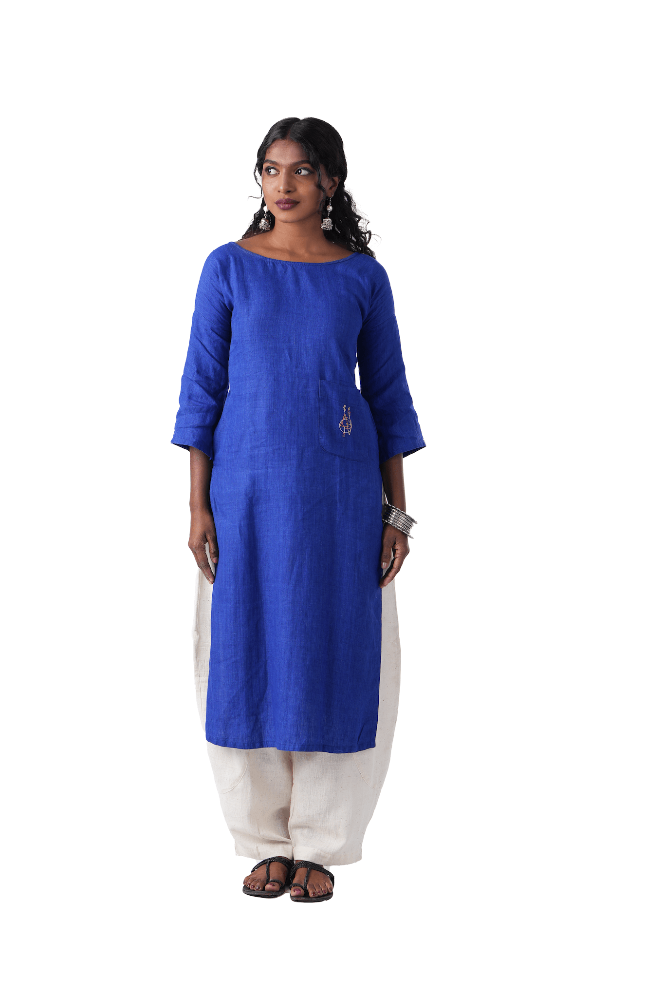 Dark Blue Kurta With Pocket Embroidery