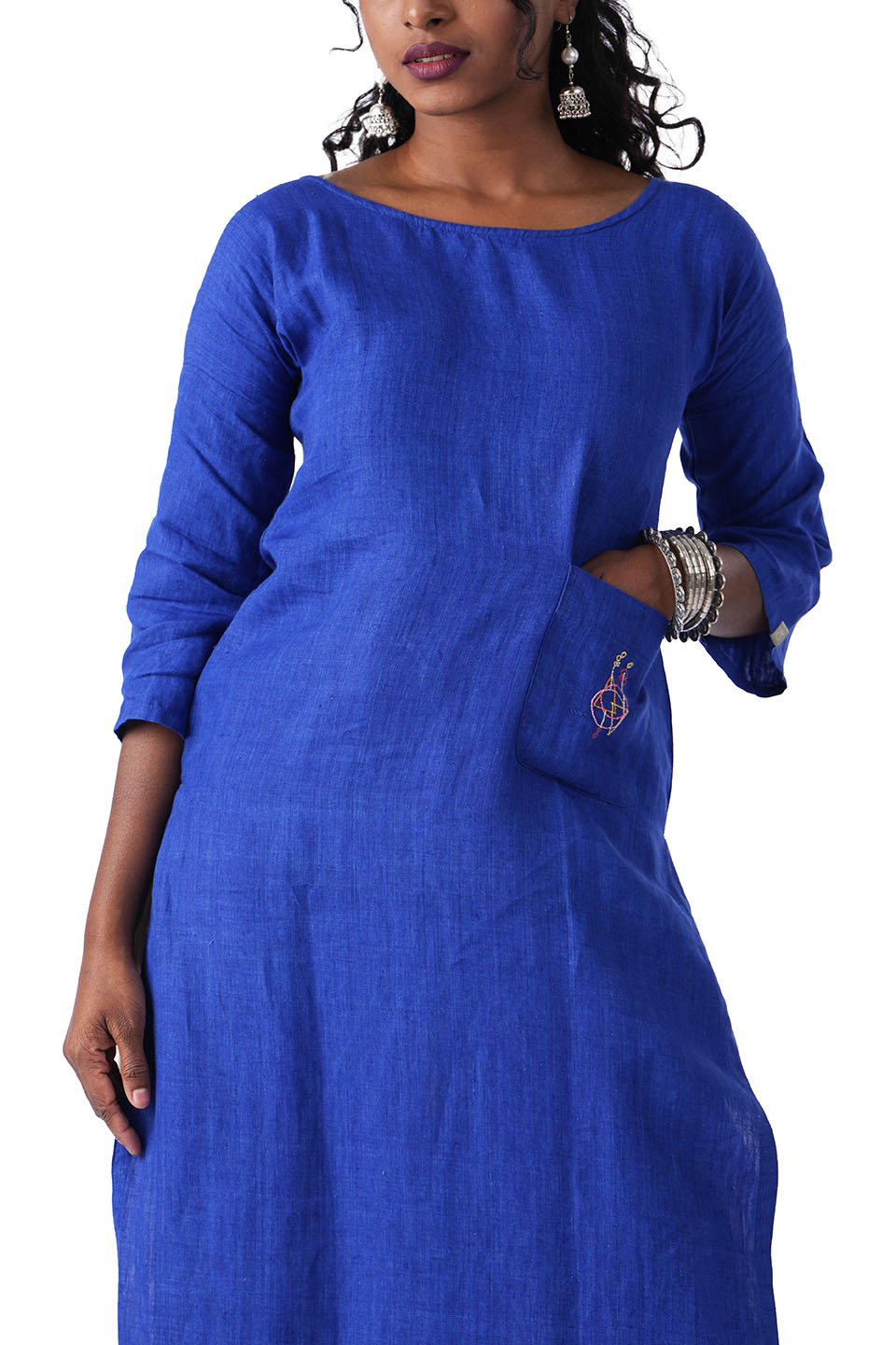 Dark Blue Kurta With Pocket Embroidery