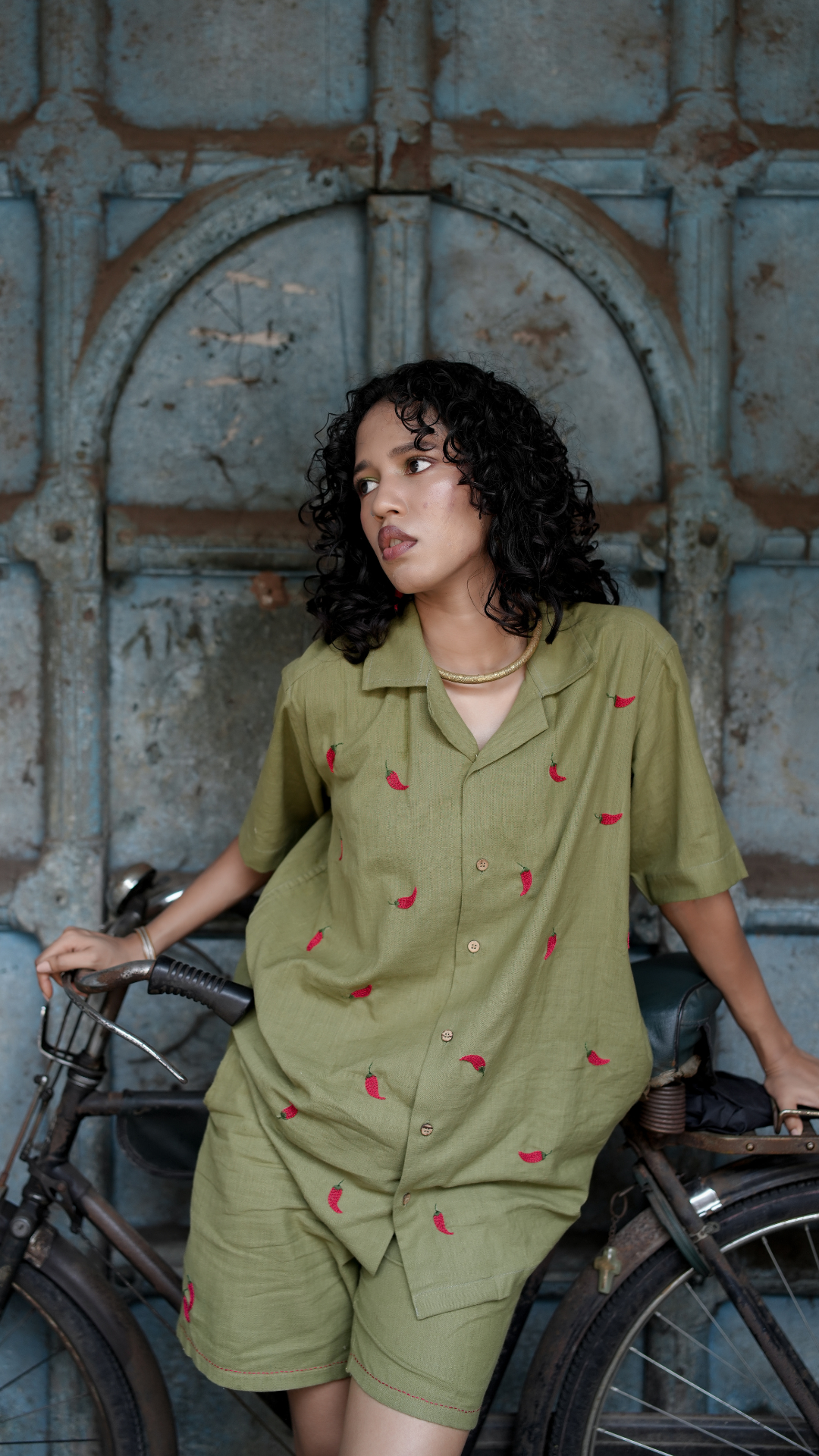 Hand Embroidered Unisex Chilli Green Handloom Cotton Shirt.