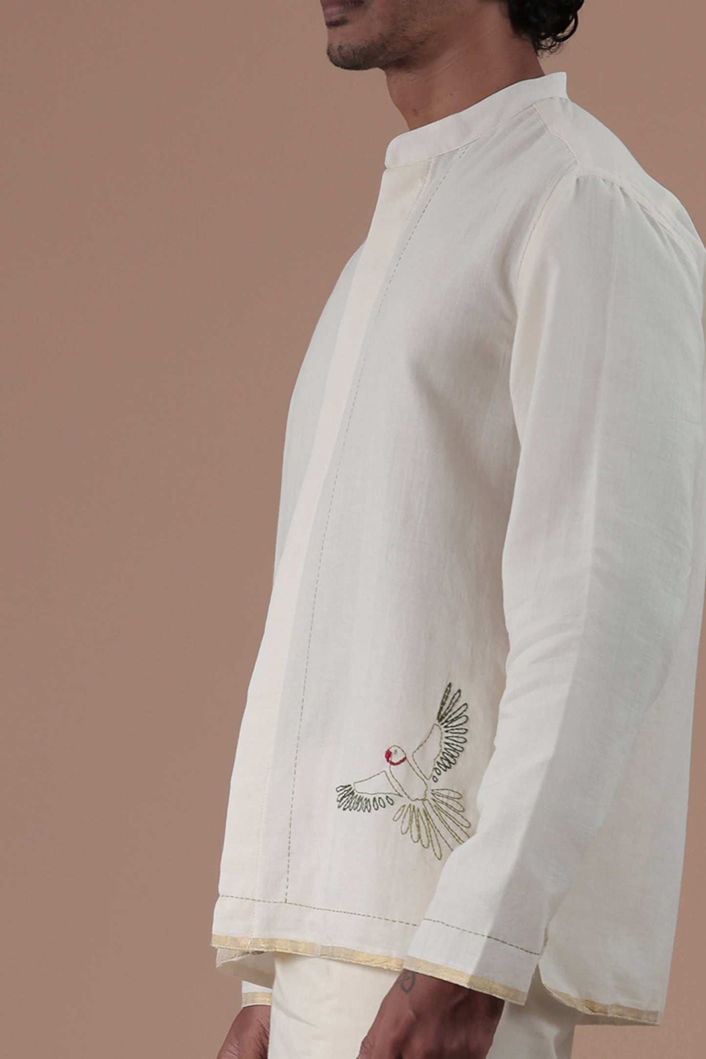 Mandrain Collar Parrot Motif Hand Embroidered  Men's shirt