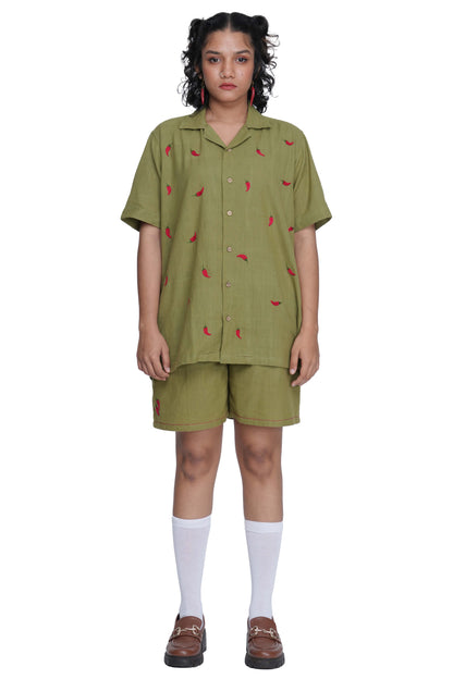 Hand Embroidered Unisex Chilli Green Handloom Cotton Shirt
