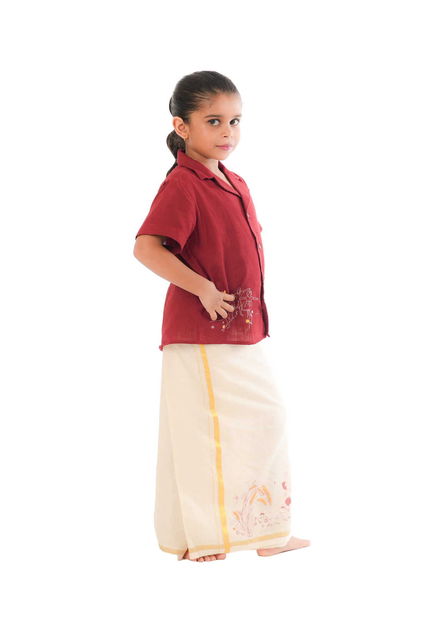 Hand Embroidered Handloom Maroon Kids Shirt