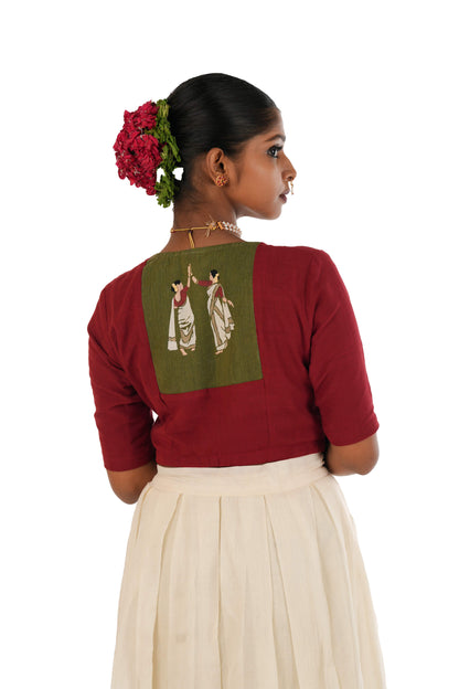 Thiruvathira Printed Handloom Maroon V-Neck Blouse