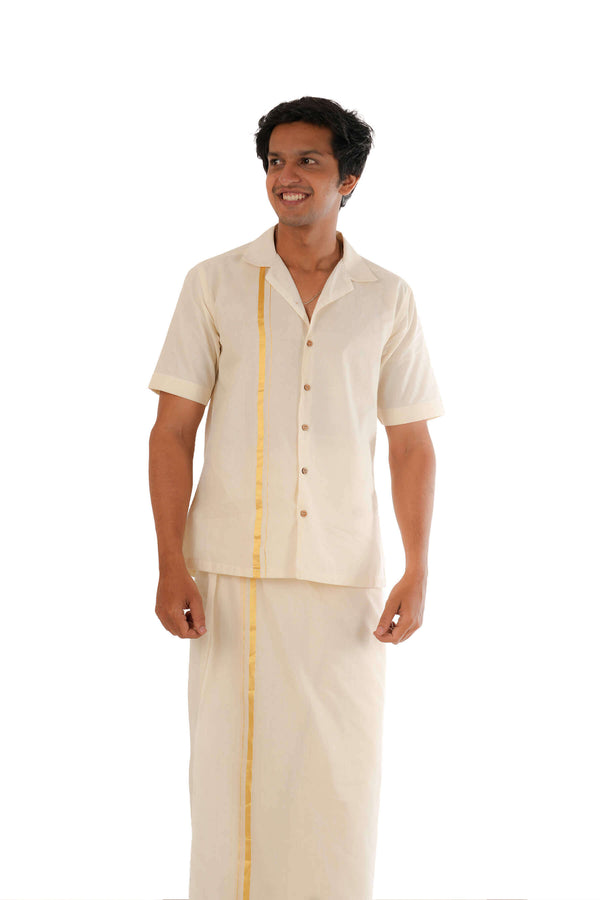 Off-White Handloom Shirt With Golden Zari Border