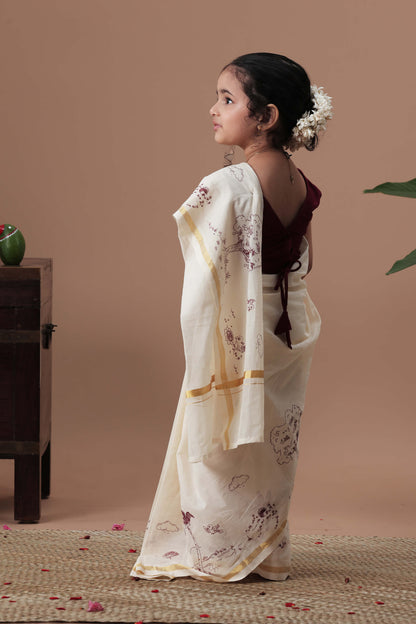 Kerala design screen printed border Saree with blouse