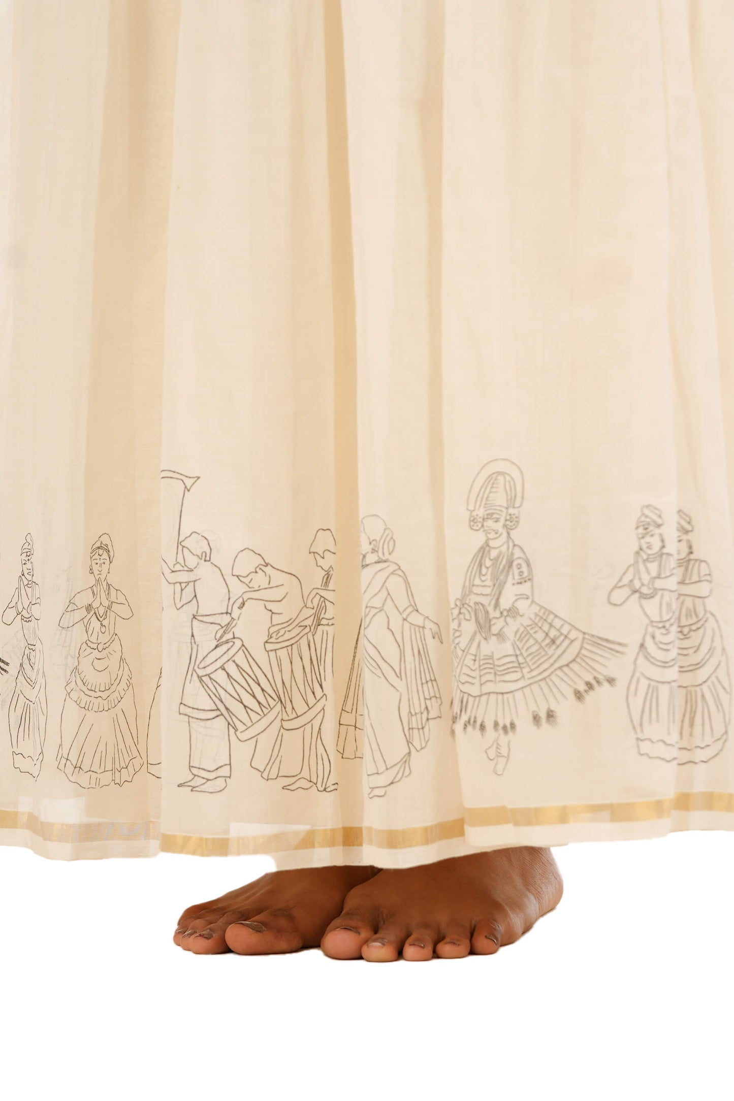 Athachamayam Hand Screen printed Handloom Off-White Skirt