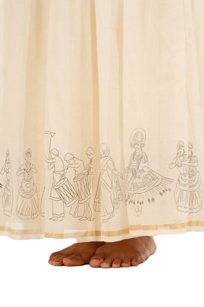 Athachamayam Hand Screen printed Handloom Off-White Skirt