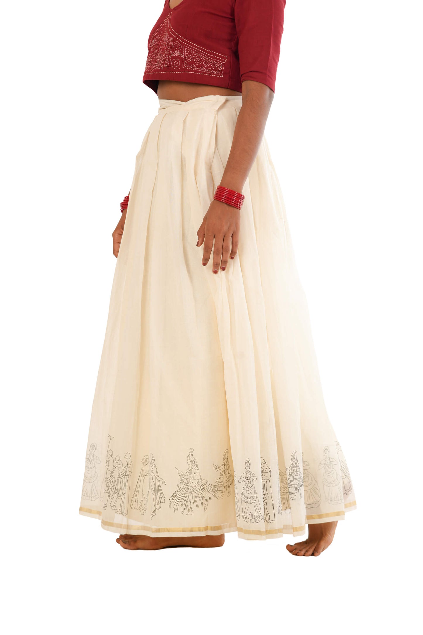 Athachamayam Hand Screen printed Handloom Off-White Skirt