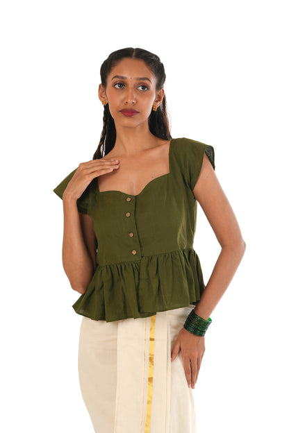 Sap Green Handloom Peplum Crop Top