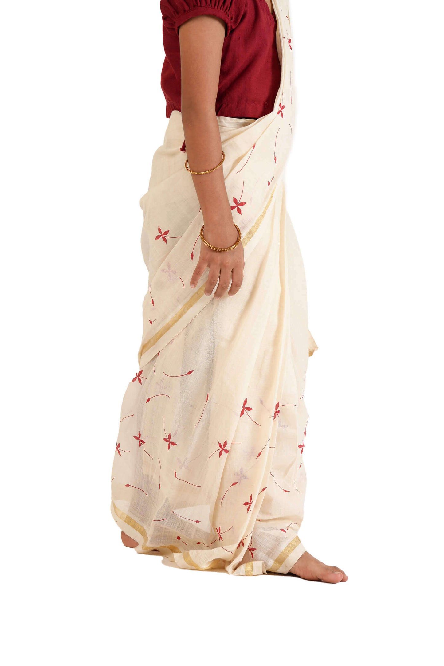 Maroon Chethi Poovu Hand Printed Handloom Saree