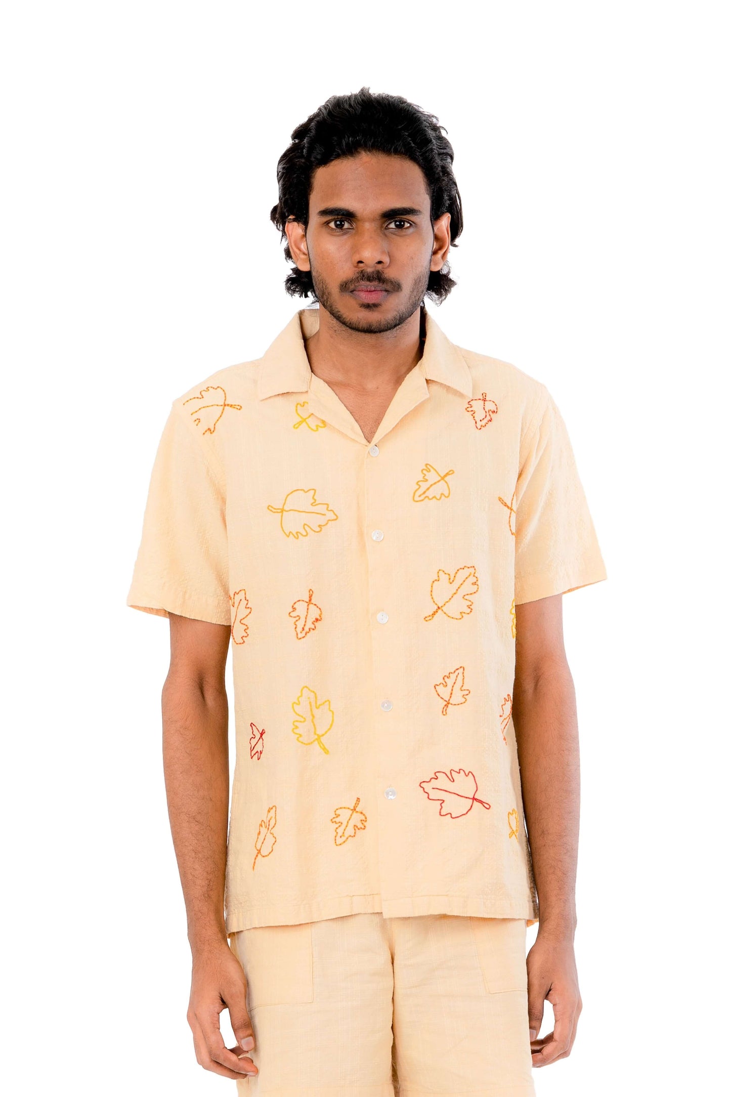 Pastel Yellow Leaf Hand Embroidered Shirt