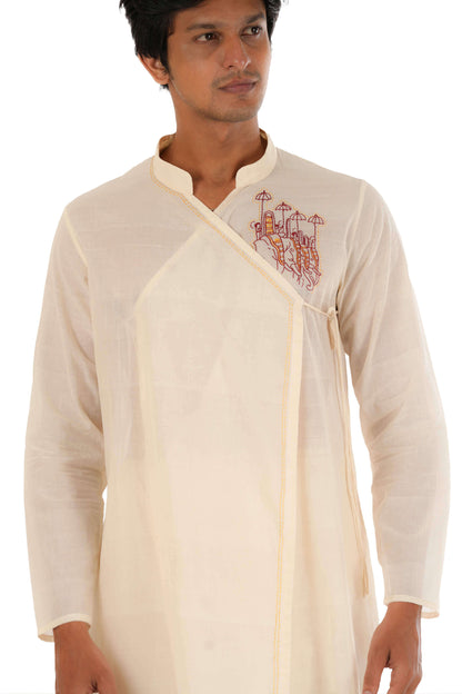 Off-White Angrakha Style Long Kurta With Hand Embroidery