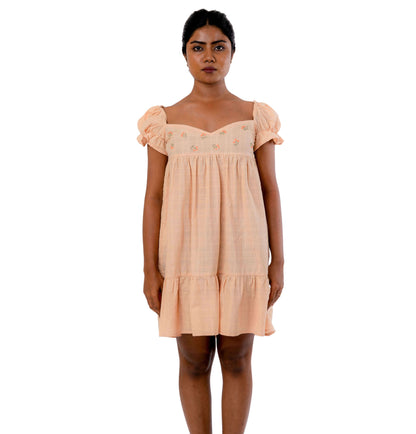 Pastel Hand Embroidered Puff Sleeve Handloom Dress