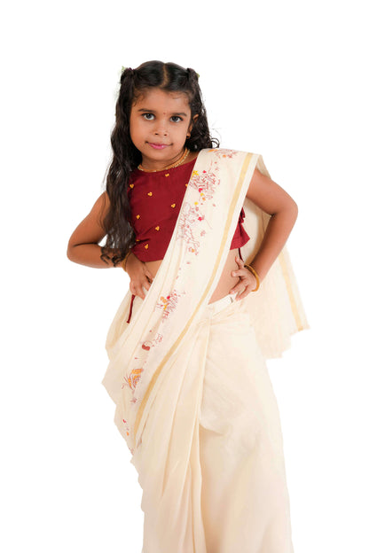 Maroon Hand Screen Printed Off-White Saree