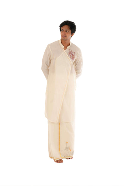 Off-White Angrakha Style Long Kurta With Hand Embroidery