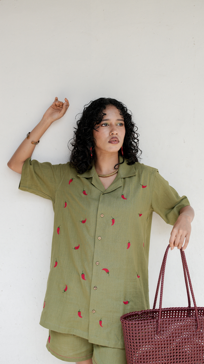 Hand Embroidered Unisex Chilli Green Handloom Cotton Shirt