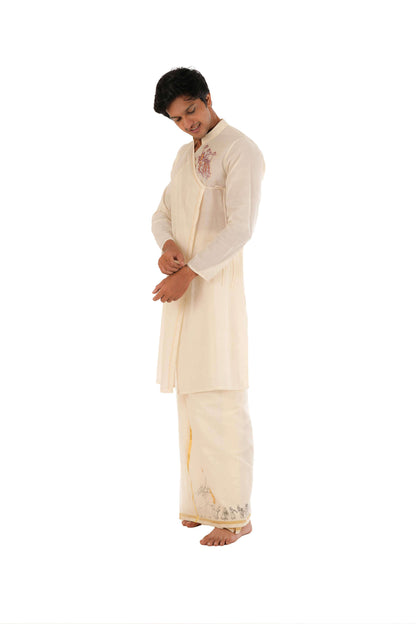 Off-White Angrakha Style Long Kurta With Hand Embroidery