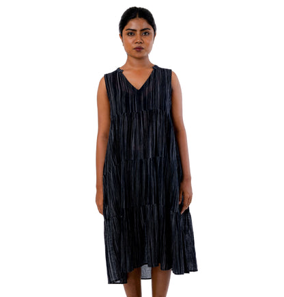 Handloom Crepe Black V-neck Collar Dress