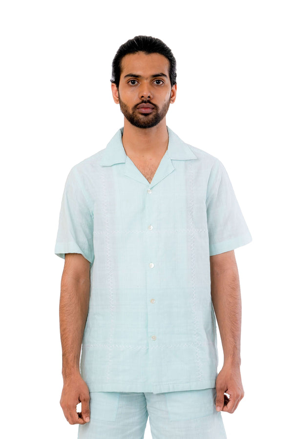 Pastel Blue White Embroidered Shirt