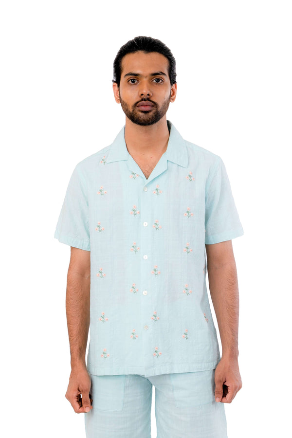 Pastel Blue With Pastel Orange Flower Embroidery Shirt