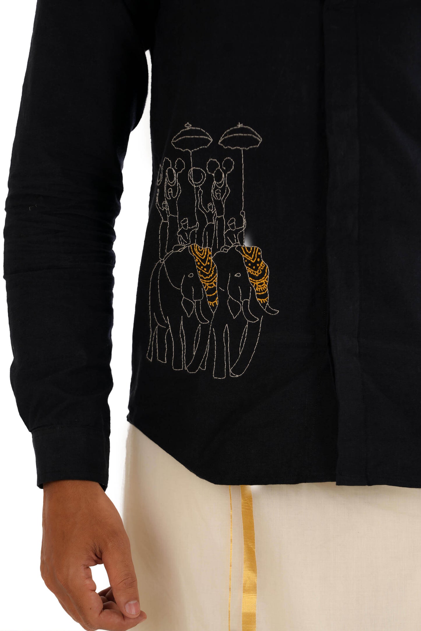 Elephant Procession Hand Embroidered Black Men's Shirt