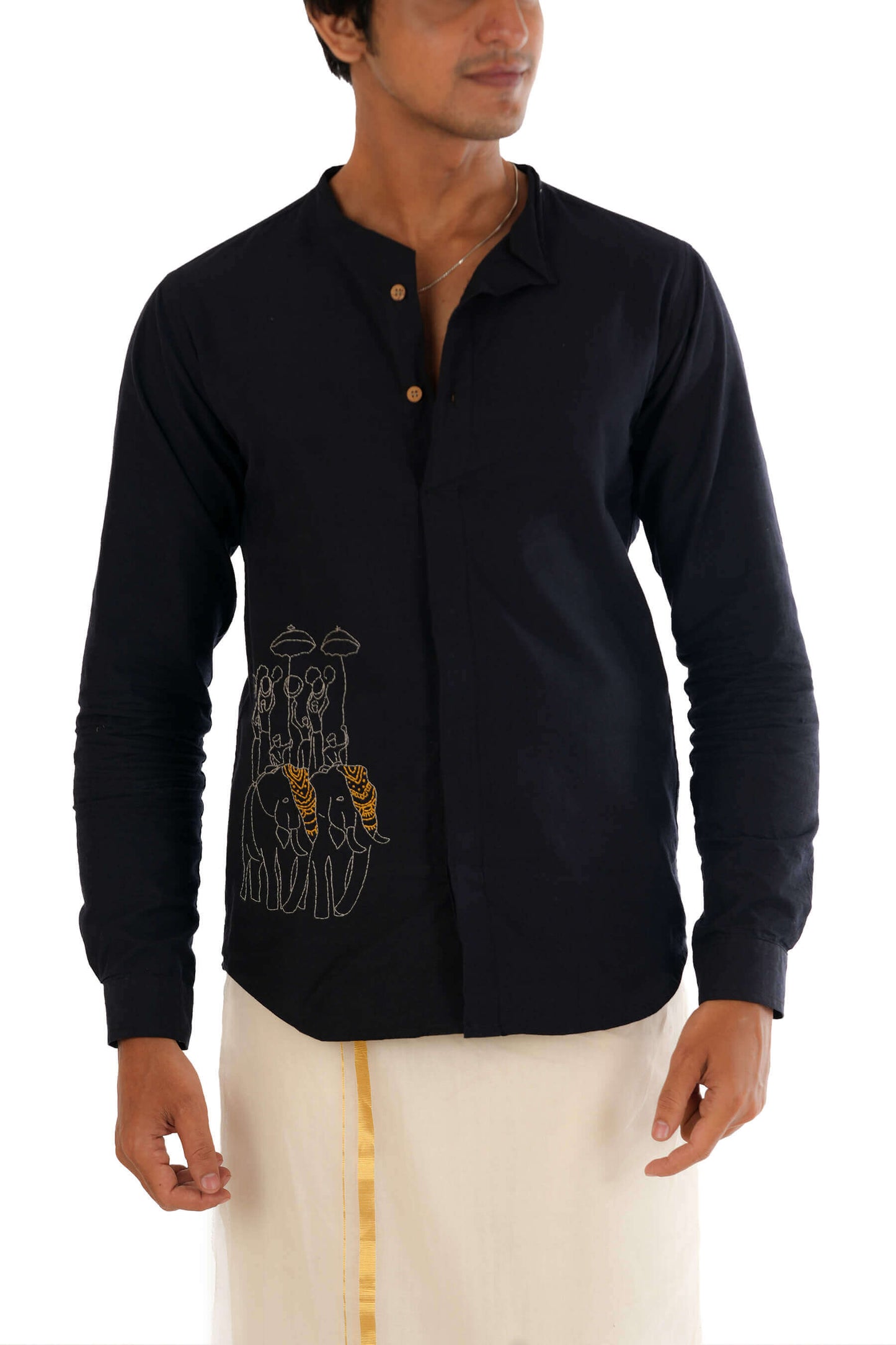 Elephant Procession Hand Embroidered Black Men's Shirt