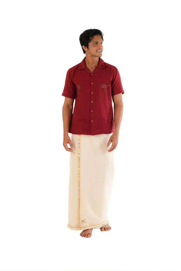 Hand Embroidered Thumba Poovu Maroon Handloom Shirt