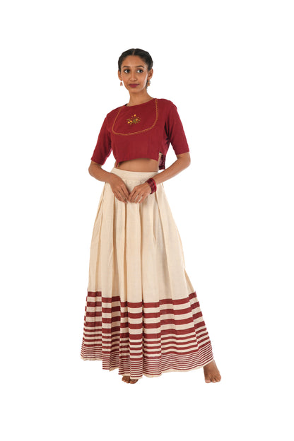 Off-White Handloom Skirt With Maroon Stripes