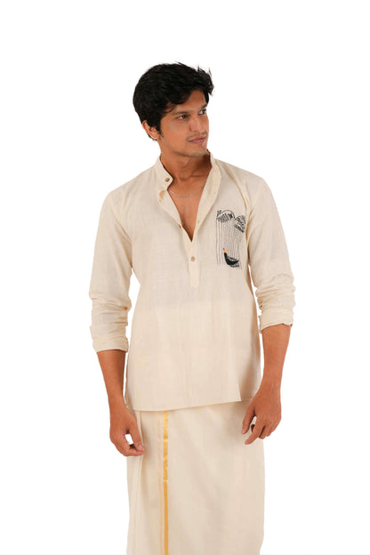 Vallamkali Hand Embroidered Handloom Off-White Short Kurta