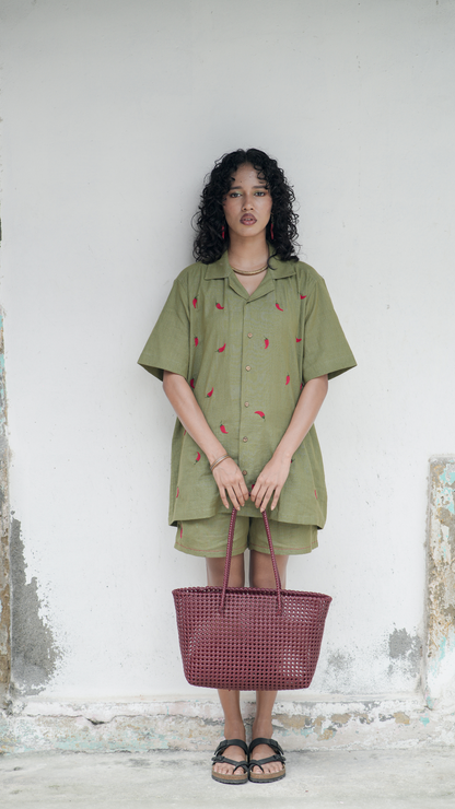 Hand Embroidered Unisex Chilli Green Handloom Cotton Shirt